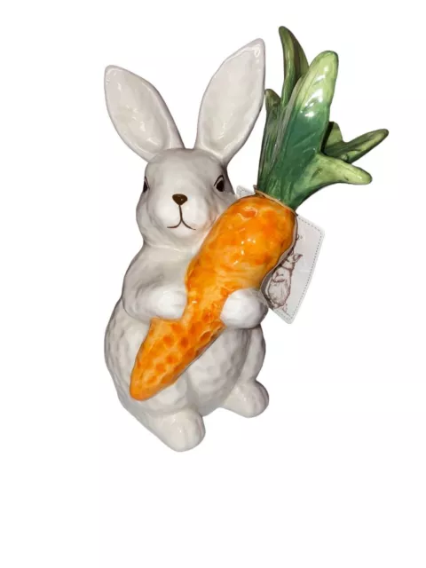 Chubby White Bunny Rabbit Decorative Ceramic 9" Figurine Holding Carrot