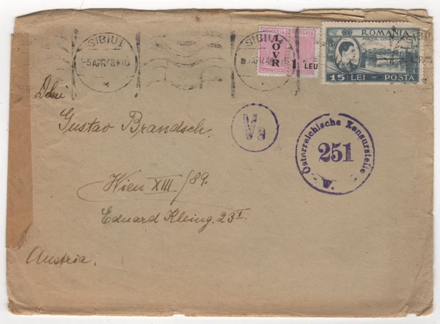 1948 Apr 5th. Censor Cover (Entire). Sibiu to Vienna, Austria.