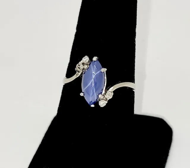 14K White Gold Lab Created 3/4 Ct. Linde Blue Star Sapphire Diamond Ring,8.5