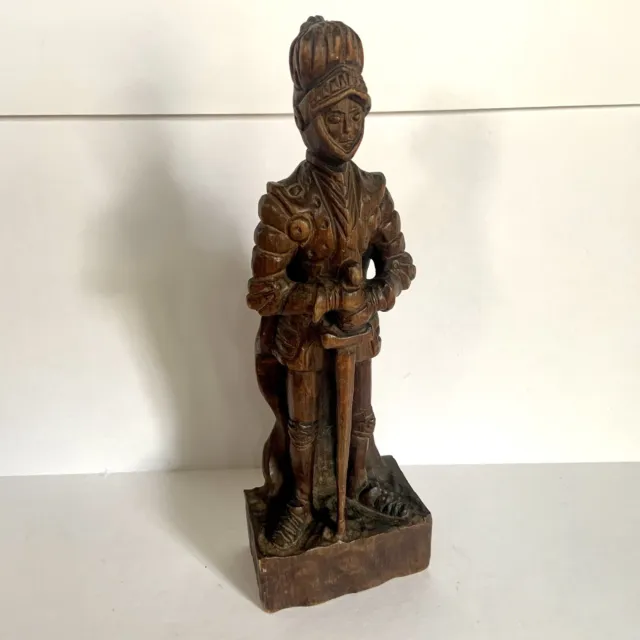 Carved Wood Medieval Knight Statue 15” Figurine Gothic Revival Sword Spanish
