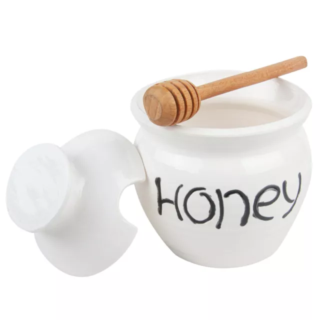 Honey Jar with a Dipper. Ceramic Honey Pot Made Out of Solid Clay Piece - white