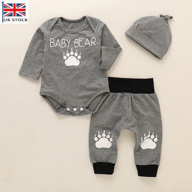 Newborn Baby Boys Outfit Clothes Set BEAR Claw Long Sleeve Romper Tops+Pants+Hat