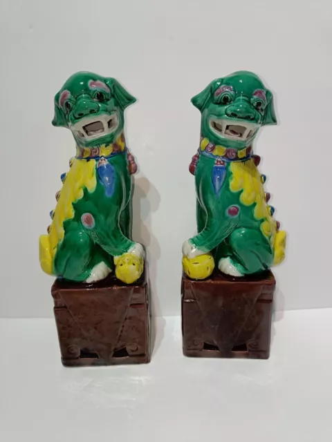 Vintage chinesischer Foo Hund Statue Keramik Foo Fu Löwenpaar Wächter 10 Zoll hoch grün