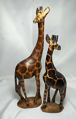 Hand Carved In Kenya African Wood Pair Of Giraffes Safari Figures Statues