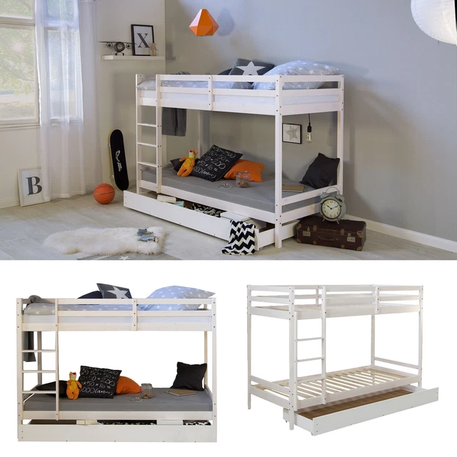 Lit Mezzanine Enfant Avec Toboggan - 90x200 Cm - Pin Massif Blanc - Rideau Vert Menthe - Espace Jeu Dessous