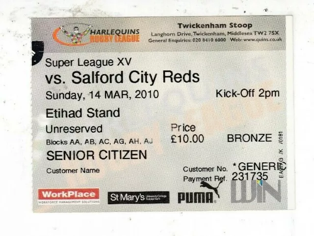 Harlequins Rl V Salford City Reds Super League 14/3/2010 Ticket