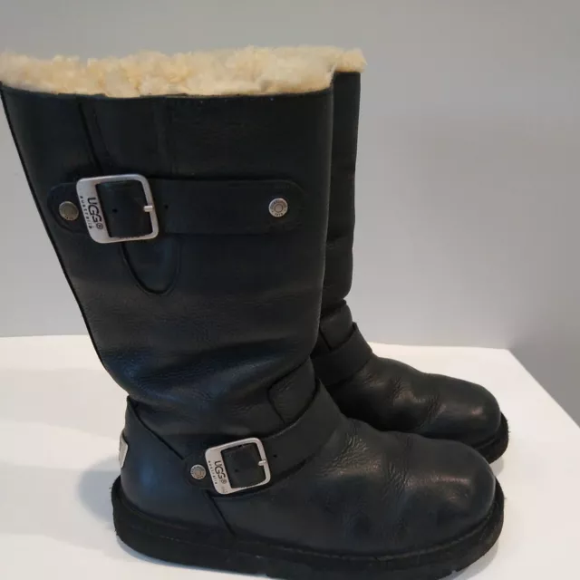 UGG Kensington Black Leather Moto Boots Women's 6  37 Sheepskin Lined