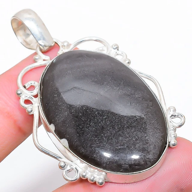 Silver Sheen Obsidian Gemstone 925 Sterling Silver Jewelry Pendant 2.25"