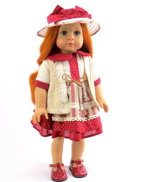 Doll Clothes Dress Red Cream Heart Polka Dot Hat Bow Fits American Girl Dolls