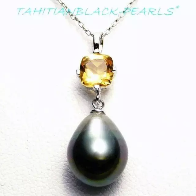 Auth.TAHITIAN Black Pearl CITRINE Pendant No-Tarnish Sterling w/Rhodium Necklace