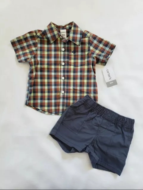 New Carters Baby Boys 2 Piece Plaid Navy Short Sleeve Outfit: Size 6 Months