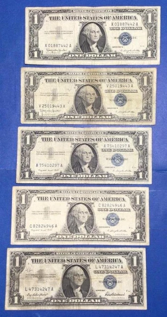 1957-1957B $1 Blue SILVER Certificates! X7442 Set of 5! Lower Grade! Currency!