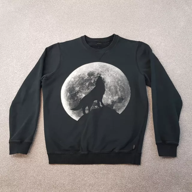 Diesel Mens Sweatshirt Medium Black Jumper Sweater Pullover Wolf Moon Print