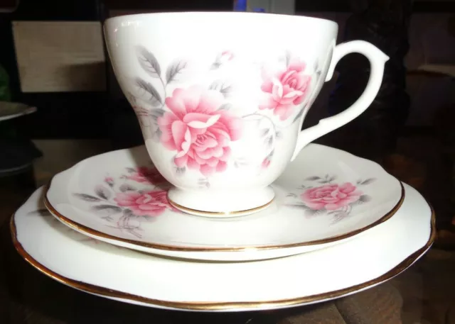 Very Pretty Duchess Bone China Pink And Grey Roses Trio 2