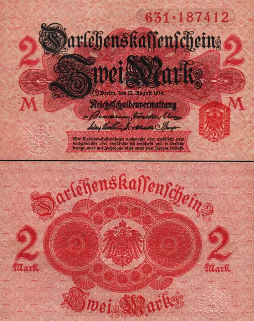 Germany 2 Mark 1914, UNC, P-54, Red Seal, Completely Watermark