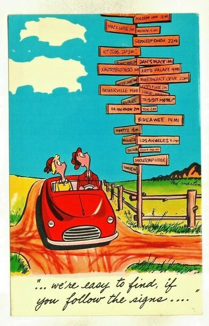 Comic - We're Easy To Find, If You Follow The Signs Vintage Postcard -Stamp 1960