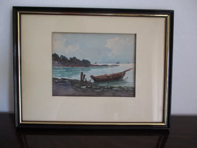 Louis German 1863-1946 Pointu amarré Aquarelle signée encadrée  Marine