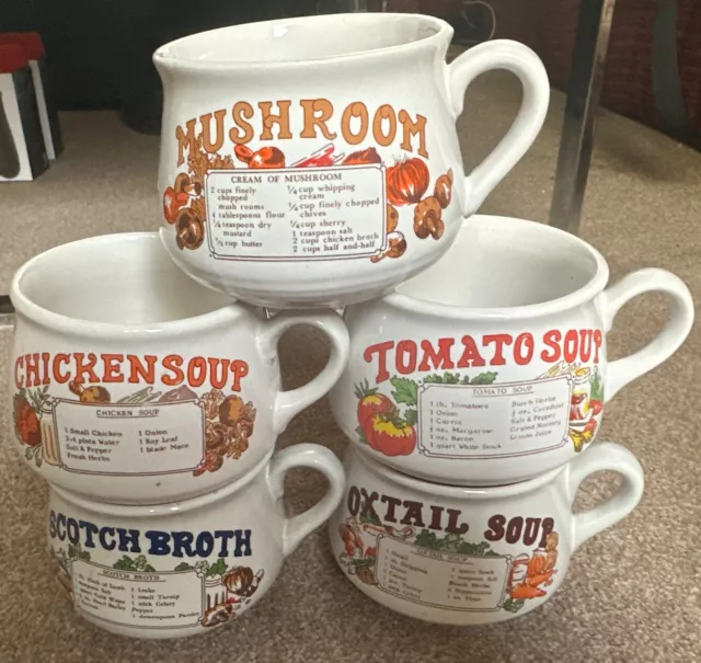 5 Vintage Ceramic Recipe Soup Mugs Bowls : Chicken Oxtail Broth Mushroom Tomato