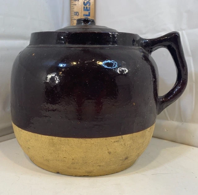 ANTIQUE 1 HANDLED Stoneware Crock Marked "Fire Proof Acid Proof" w Lid