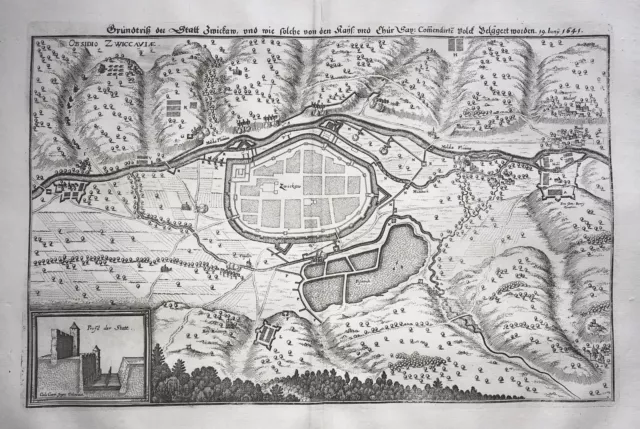 Zwickau Belagerung Plan Mulde Ansicht Kupferstich Karte engraving Merian 1645