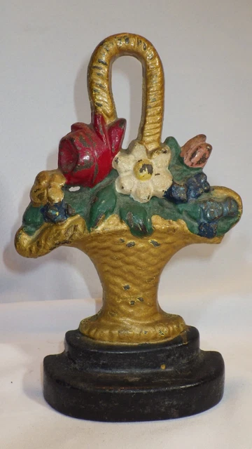Antique 8" Tall Cast Iron Flowers Floral Gold-Tone Basket Doorstop - Hubley? Antique 8" Tall Cast Iron Flowers Floral Gold-Tone Basket Doorstop - Hubley?