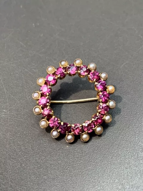 Victorian 14K Gold Open Circle Ruby and Pearl Brooch