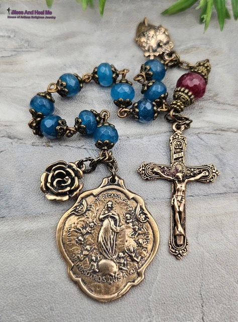 Immaculate Mary Heart Angels Blue Jade Vintage Bronze Ornate Chaplet