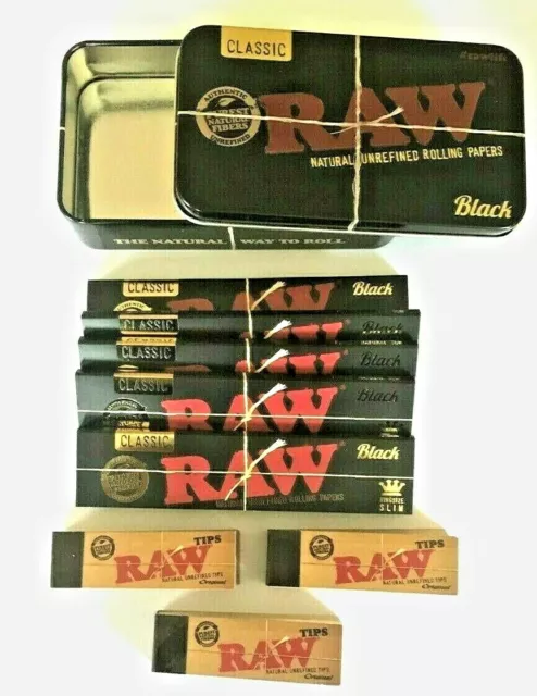 RAW Black CLASSIC Rolling Papers King Size Slim Roach Filter Tips Option Tin