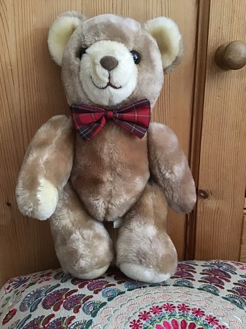 VINTAGE BROWN JOINTED Teddy Bear Red Check Bow Made South Korea Soft ...