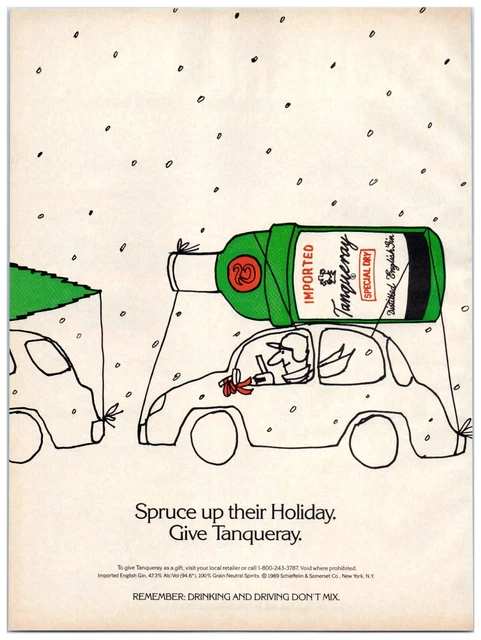 Tanqueray Gin "Spruce Up Their Holiday" Bottle on Car 1989 Print Ad 8"w x 11"