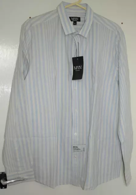 Boohooman Mens White/Blue  Long Sleeve Poplin Shirt Size: M 38-40.5 Bnwt (Ms243)