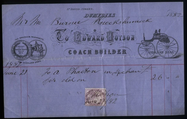 1882 DUMFRIES Edward Hotson-COACH BUILDER-St Davids St, attractive billhead