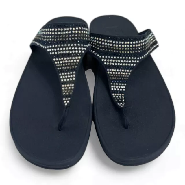 Fitflop Womens Thong Sandals 11 Black With Rhinestones Wedge.  Slip On.
