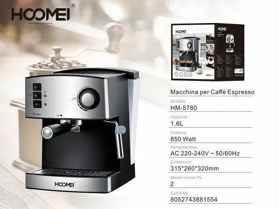 Machine À Café Expresso 850 Watt 1.6lt Cappuccino Système 15 Hoomei Hm-5780