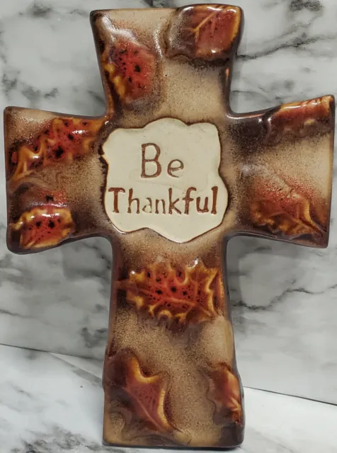 Be Thankful Ceramic Cross Wall Hanging Beige Red Oak Leaves Harvest EUC
