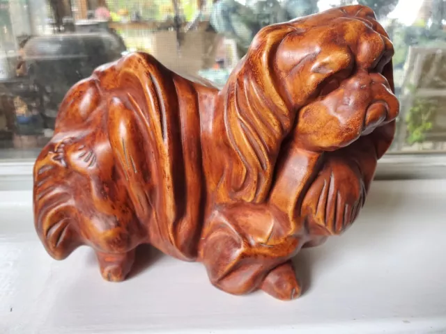 Vintage 1974 Ceramic Mold Hand Painted 8" x 6" Pekingese Dog Figurine Brown
