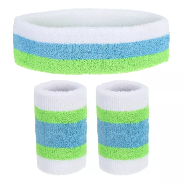 1 Headband & 2 Sport Wristbands Cotton Athletic Sweatband White, Green, Blue