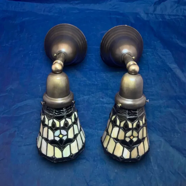 wired Pair Brass Sconces Nice Stained Glass Shades 19L