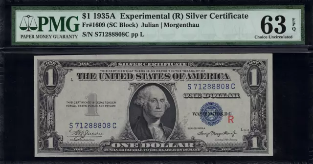 1935A $1 Silver Certificate FR-1609 "R" Experimental - Graded PMG 63 EPQ
