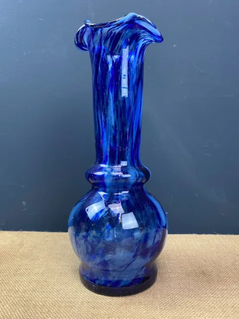 Large Vintage Mid Century Blue & White Mottled Art Glass Vase