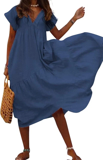 Donna Vestiti Lino Estivi Abito Lungo Manica Corti Oversize Elegante Abiti Lungh