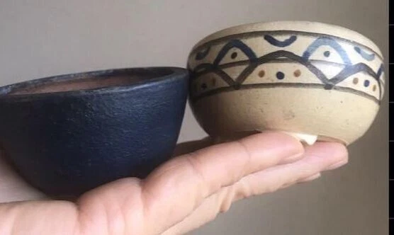 Japanese TOKONAME Bonsai pot HATTORI signed pictured & blue round set of 2...