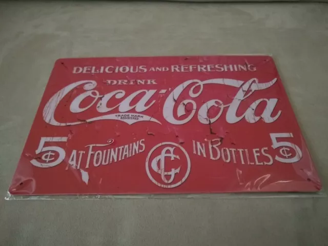 Brand New Sealed Delicious & Refreshing Coca Cola 8 x 12 Metal Tin Sign 5 Cents