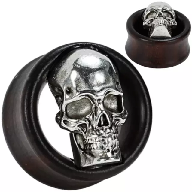 Pair Black Areng Wood Ear Tunnels Steel Skull Double Flare Plugs Saddle Gauges