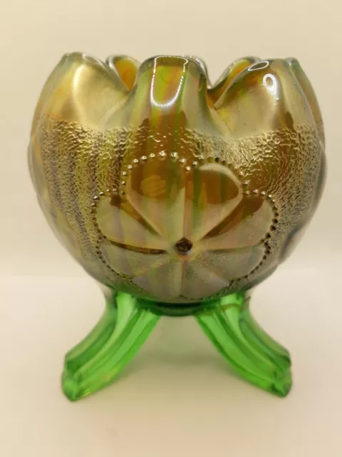 Northwood Daisy And Plume Antique Vase Rose Bowl Green gold 3 footed marked N