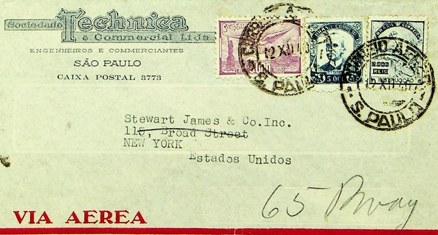 SEPHIL BRAZIL 1940's 3v ON AIRMAIL COVER FROM SAO PAULO TO NEW YORK USA