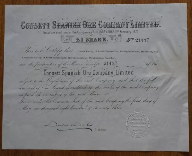 Consett Spanish Ore Co. Ltd. certificate for 1 share dated  1873