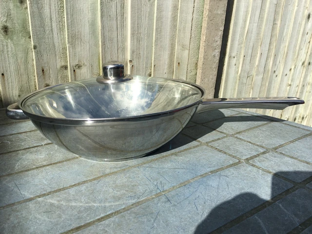 SABICHI Parte inferior plana grande 32 cm acero inoxidable 2 manijas wok con tapa de vidrio