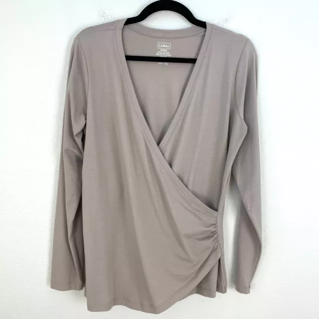 LL Bean Womans Medium Taupe Pima Cotton Blend Surplice Shirt Long Sleeve Top