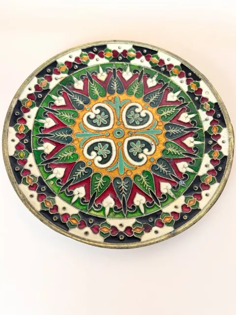 Vtg 6.5 In.Greek Byzantine Cloisonné Mosaic Enameled Bronze Wall Plate With Hook